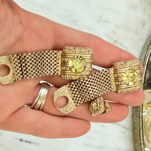 Gold Mesh Swank Cuff Link & Tie Tack set with Rivoli cut yellow stone - Picture 7 of 10